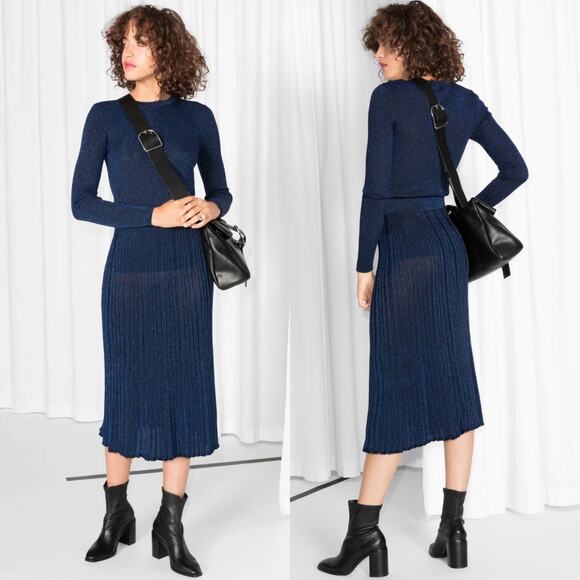 & Other Stories Dresses & Skirts - & Other Stories Glittery Pleated Rib Knit Midnight Navy Blue Sheer Midi Skirt XS